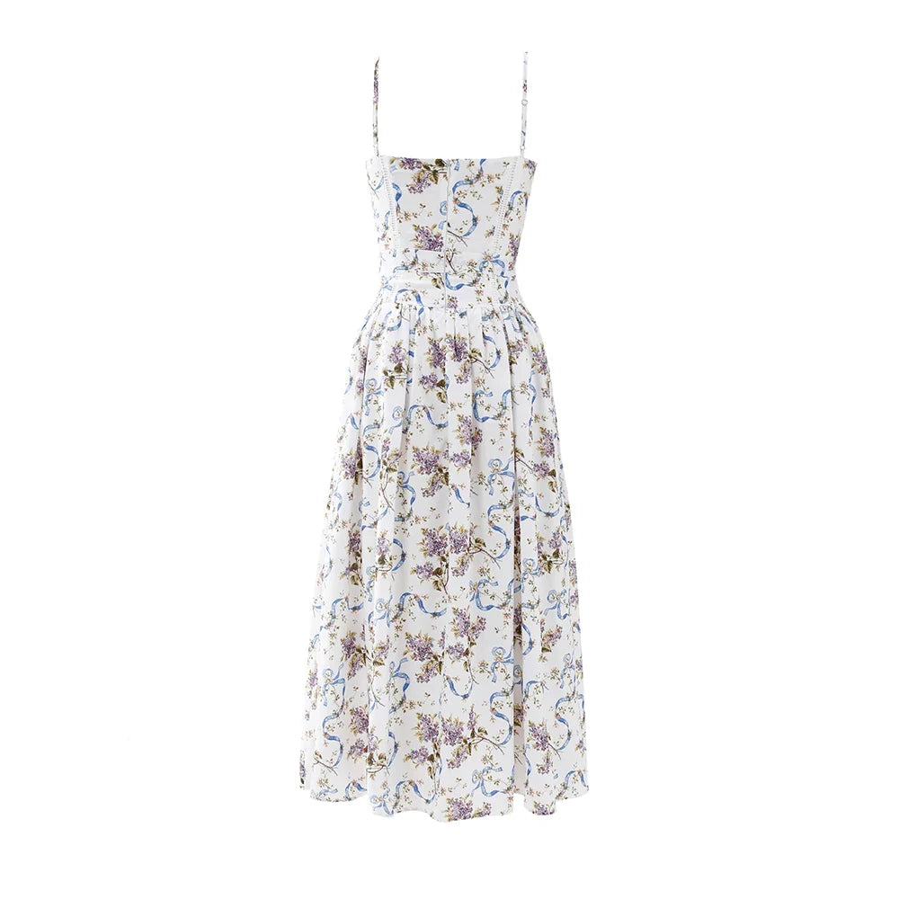 Summer Floral Print Dress Elegant 2025 New Arrivals Spaghetti Strap Flare Dress Maxi Holiday Party Dresses Women