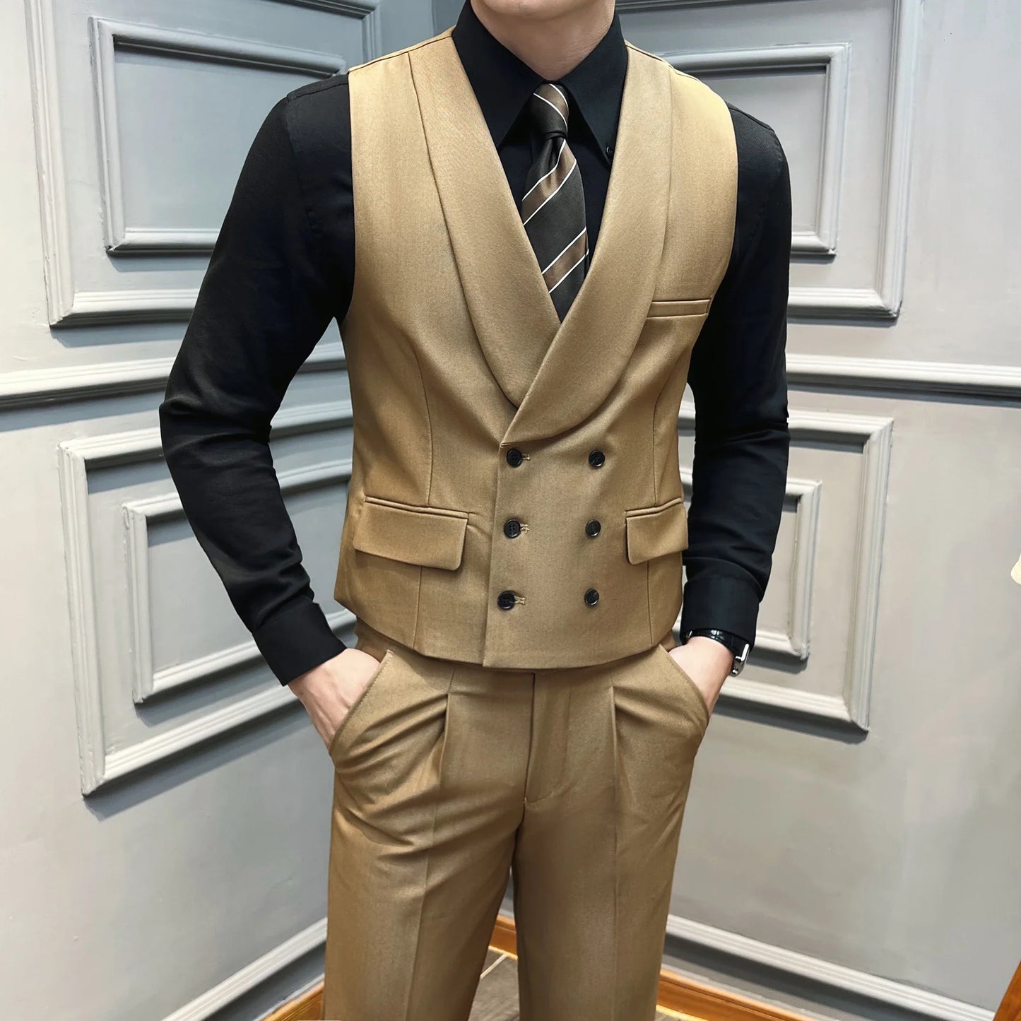 ( Vest + Pants) High-end Brand Solid Color Suit Vest 2 pieces Men Luxury Double Breasted Design Fashion Vest Set Club Clothing