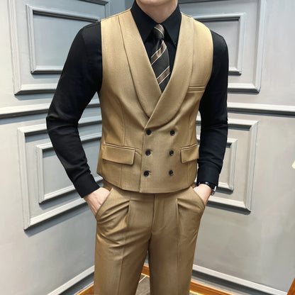 ( Vest + Pants) High-end Brand Solid Color Suit Vest 2 pieces Men Luxury Double Breasted Design Fashion Vest Set Club Clothing