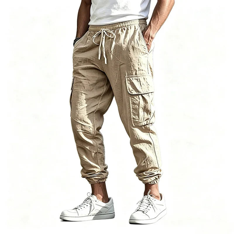 Men's Cotton Linen Blend Cargo Jogger Pants Elastic Waist Drawstring Multi Pockets Casual Breathable Streetwear Trousers for Men