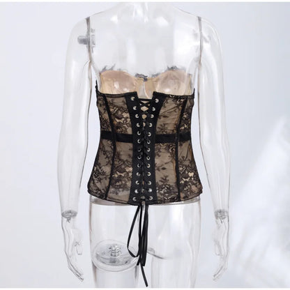 Sexy Women Sheer Lace Corset Top Bodycon Strapless Boned Bustier Sleeveless Back Lace-up Outfit 2026 New Fashion Party Clubwear