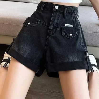 2024 Summer Women Shorts Pants Lady High Waisted Loose High Street Denim Pants Female Streetwear Black Gray Wide Leg Short Jeans