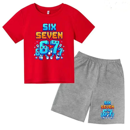 Boys Girls 3-12Y Summer Fashion Outfit 67 Number Cartoon Print T-shirt and Shorts Casual Two-Piece Clothing Set