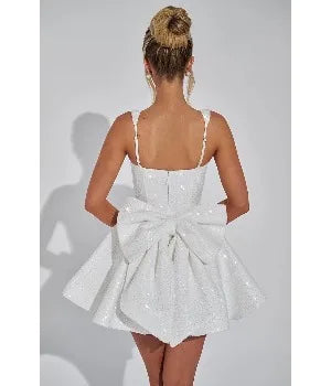 Square Collar Sequin Back To School Dress Spaghetti Strap Cocktail Gown Bow, Backless Elegant Princess Birthday Party Dance Gown