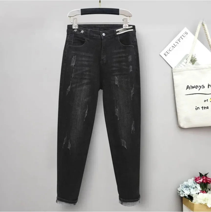 XL-6XL Spring Autumn Large Size Jeans Woman High Waist Baggy Jeans for Women Elastic Cotton Denim Harem Pants Mom Jeans
