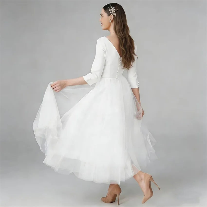 Customized Boho Simple Satin Midi Wedding Dresses for Bride Tea Length 3/4 Sleeves Short Bridal Gowns A Line Vestido De Noiva
