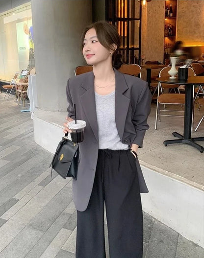 New Arrival Slim Fit Grey Blazer Jacket for Petite Women - Casual Chic Asymmetric Hem Design, Unique Small Size Office-Ready