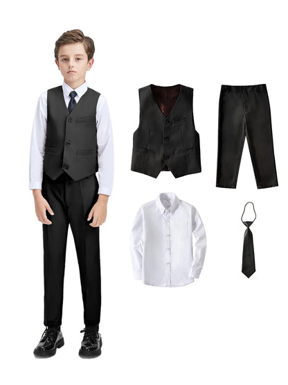 Boys Suit 4-piece Vest Pants Shirt Tie Random Casual Fashion Outdoor Activities Competition Family Party Birthday Gift