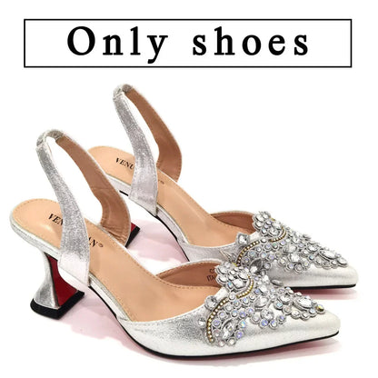 2023 New Fashion Simple And Versatile Silver Pointed Toe High Heels Comfortable To Wear Party Ladies Shoes And Bag