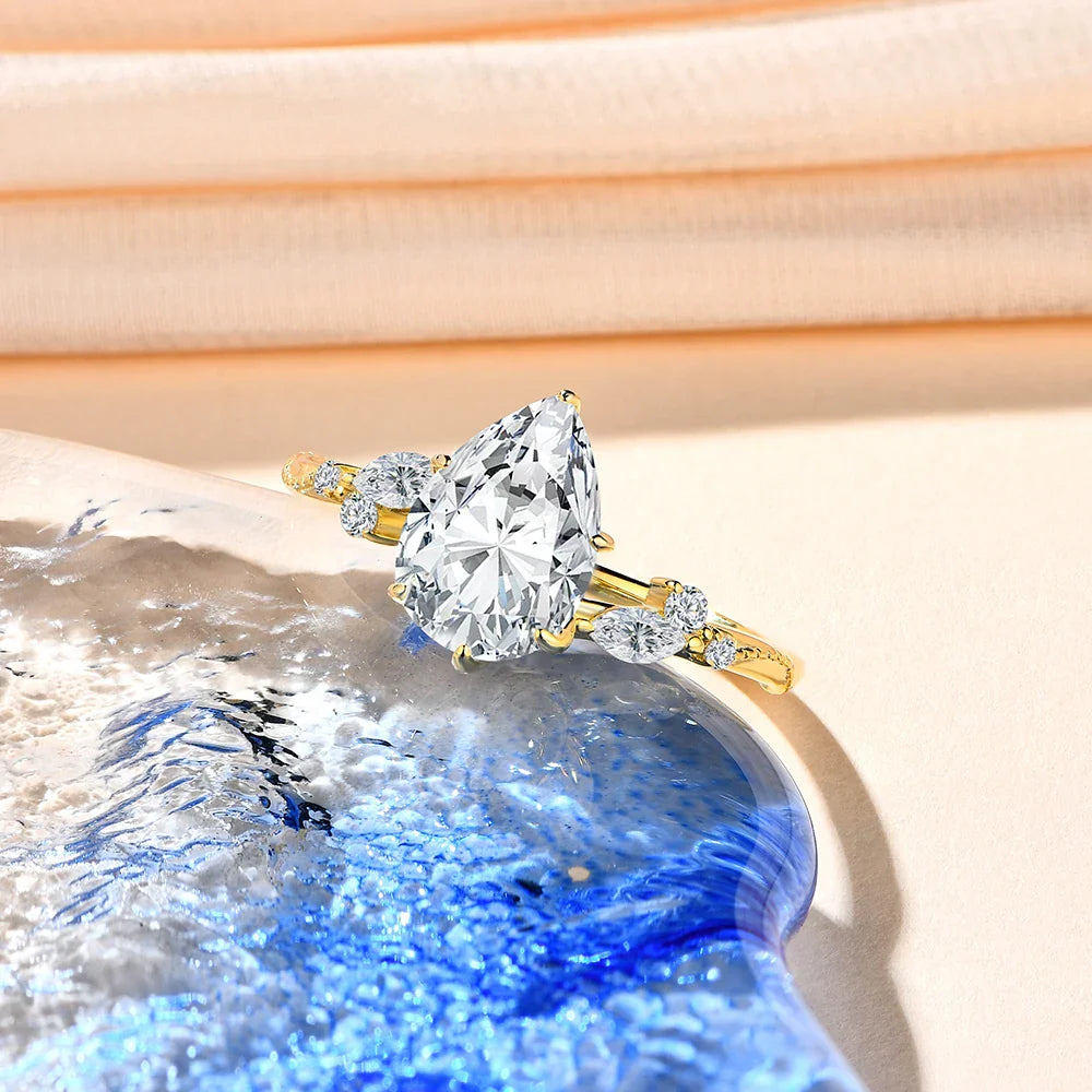 Full Moissanite Ring 7*10mm 2.0CT DVVS1 Pear Shape S925 Sterling Silver For Women Engagement Bride Vintage Jewelry Gift