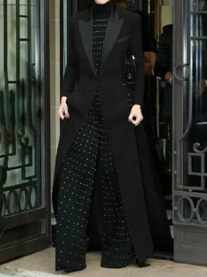 Missuoo Women's Black Extra-long Blazer Coat Lapel Long Sleeves Split-side Elegant Formal Floor Length Tailored Evening Coat