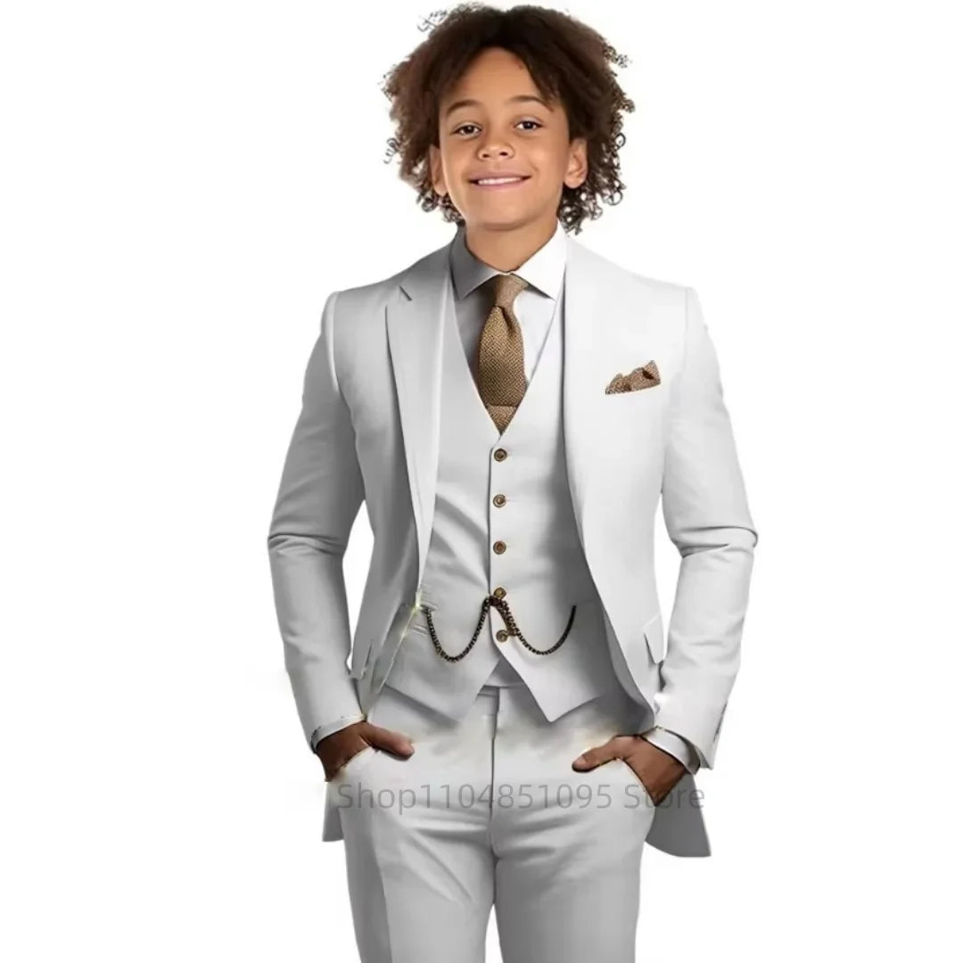 Khaki Boys Suit 3 Piece Groom Tuxedo Notch Lapel Jacket Pants Vest Wedding Party Birthday Gift Kids Slim Fit Blazer Child Suits