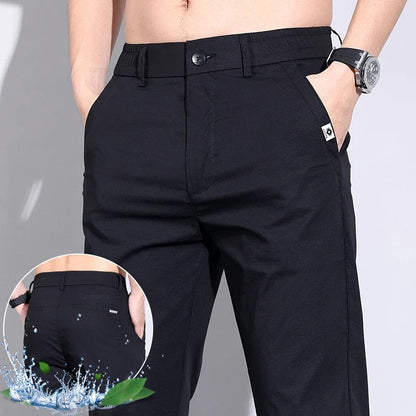 Ultra-thin Elastic Men's Casual Pants 2024 Summer Ice Silk Cotton Fashion Slim Straight Business Trousers Black Gray Khaki
