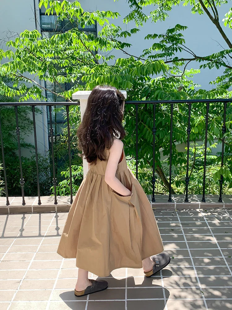 2026 New Summer Children Girls Sleeveless Dress Teen Solid Color Cotton Loose Casual Sundress Kids Vacation Style Princess Dress