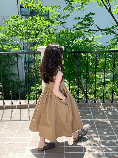 2026 New Summer Children Girls Sleeveless Dress Teen Solid Color Cotton Loose Casual Sundress Kids Vacation Style Princess Dress
