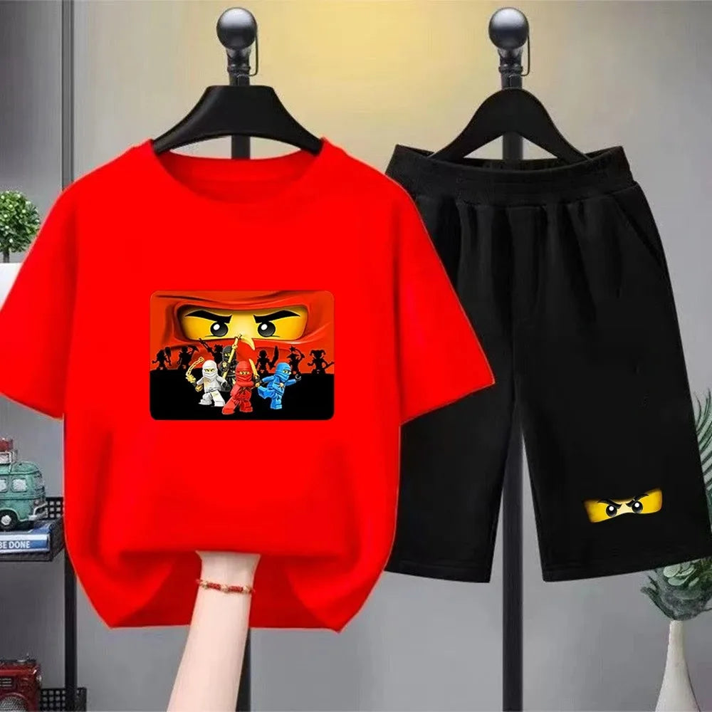 Summer T-Shirt Boyand Girls red Casual TShirt+Shorts Sets ninja Printed Kids Outfits Teen Children's Short Sleeve Tops