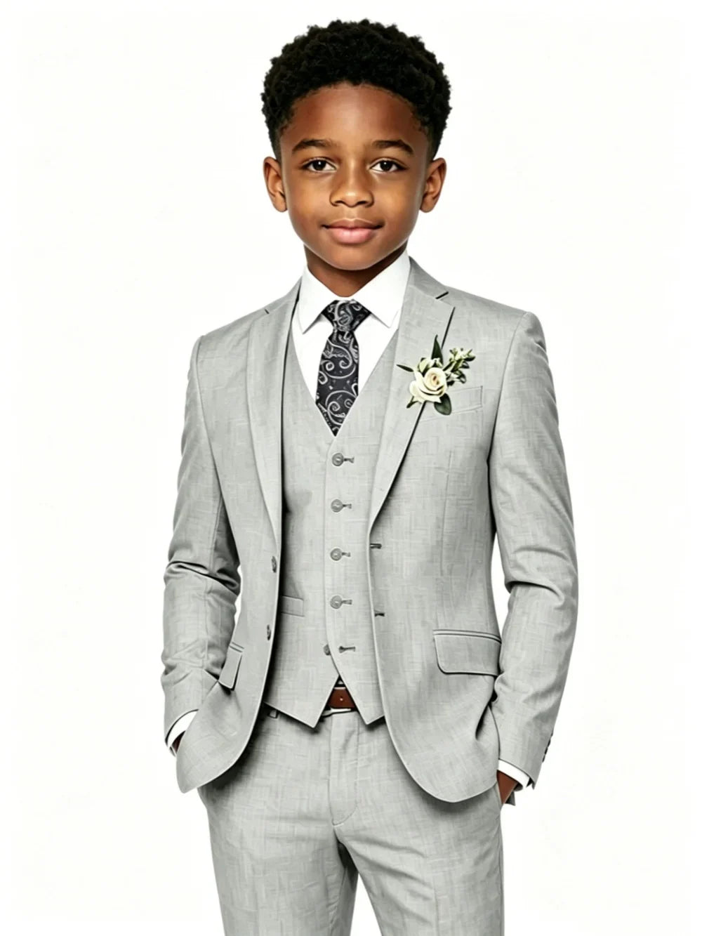 Grey Boys Linen Suit Set 4 Pieces Summer Beach Wedding Wear Elegant Handsome Tuxedo For Kids Birthday Party New Slim Fit Suits