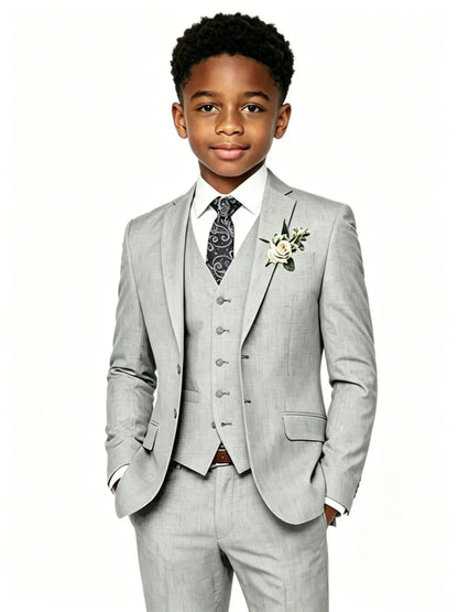 Grey Boys Linen Suit Set 4 Pieces Summer Beach Wedding Wear Elegant Handsome Tuxedo For Kids Birthday Party New Slim Fit Suits