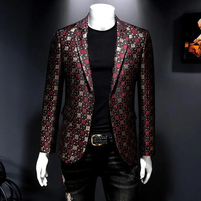 Autumn New Luxury Men Slim Fit Lattice Stage Casual Suit Coat New Silver Burgundy Green Men Groom Wedding Suit Lattice Coats