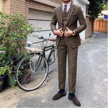 New Retro Herringbone Slim Fit Men's Suit Gentlemen's 3-piece Suit Single Breasted Handsome Autumn Winter Business Casual Formal