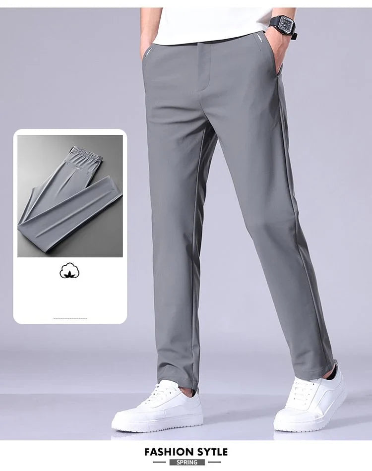 High Elastic Ice Silk Casual Pants Men's Spring Summer Ultra-thin Quick Drying Soft Breathable Business Straight Gray Trousers