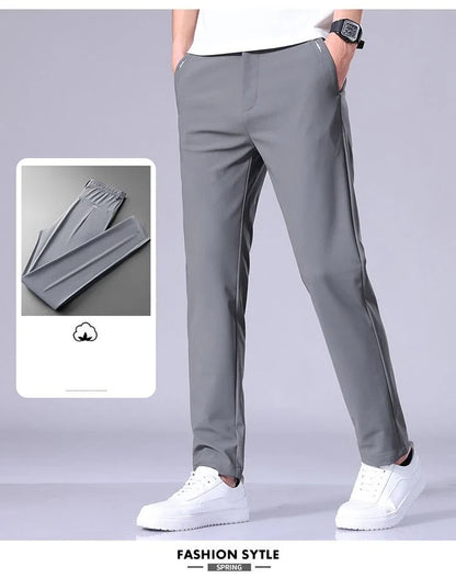 High Elastic Ice Silk Casual Pants Men's Spring Summer Ultra-thin Quick Drying Soft Breathable Business Straight Gray Trousers