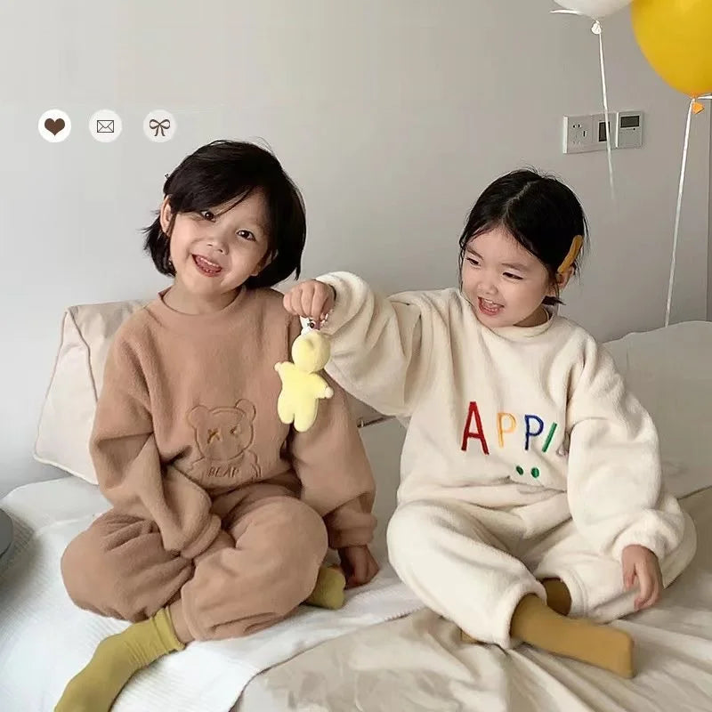 Winter Warm Kids Loungewear Suit Baby and Girls Boys Loose Embroidery Full Fleece Coat Tops+Pant Set Child 2PCS Homewear 1-8 Yrs