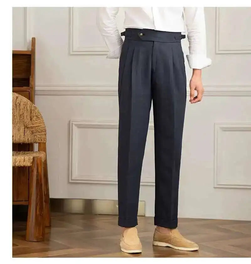 Linen Cotton High Waist Straight Casual Pants Men Versatile Naples Gentleman Pleated Pants High Quality Italian Dress Trousers