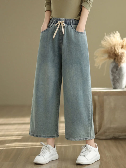 Artistic Wide Leg Denim Jeans Women's Loose Fit Nine-Piece Vintage Slim Straight Cut Trousers Spring Faion Elastic Waist