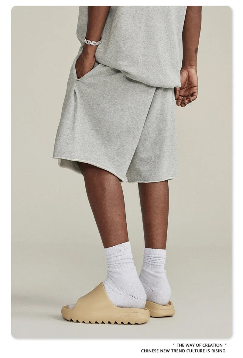 New Summer Men Retro Washed Shorts Unisex Drawstring Loose Edge 420gsm Solid Knee Length Cotton Pants Streetwears HY0589