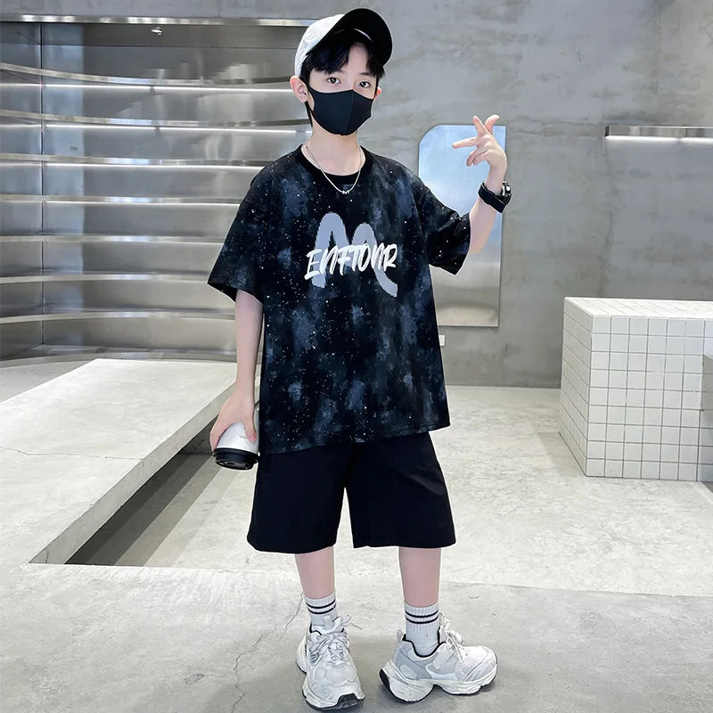 New Casual Boys Cotton Top summer Bottoms Clothes Set for Teenager Child Fashion Outfit Kids T-shirt Shorts Two Pieces Clothing