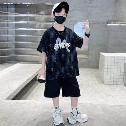 New Casual Boys Cotton Top summer Bottoms Clothes Set for Teenager Child Fashion Outfit Kids T-shirt Shorts Two Pieces Clothing