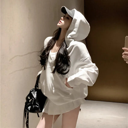 Casual Hooded Pullover Top Women Y2K V-neck Hoodies Solid Harajuku Long Sleeve Hoodie Oversized Tops Female Loose Clothing