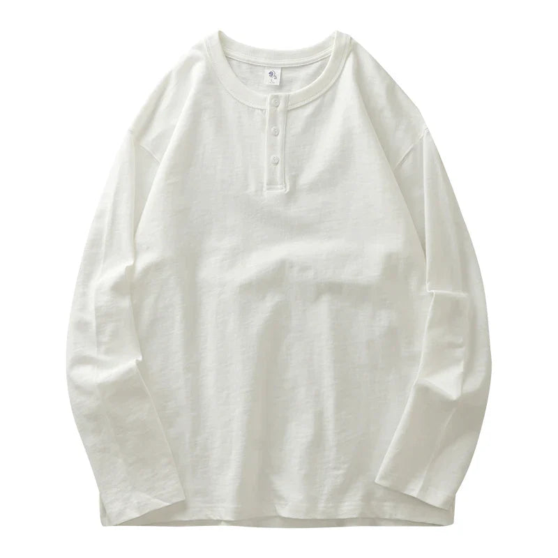 320G Heavyweight 100% Cotton Henley Neck T Shirt for Men Long-Sleeved Spring Autumn Casual Tops Solid Color Undershirts