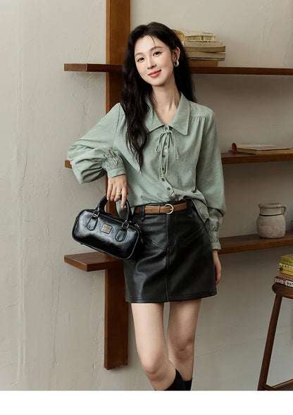 Vintage Green Blouse Women French Lapel Bow Lace-up Top 2025 Autumn Sweet Shirt Sleeve Outwear Commute Shirts MXD44C0337