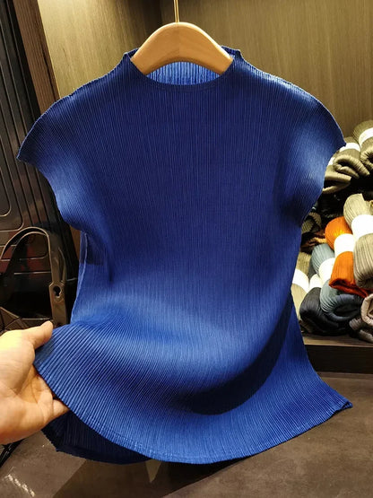 Miyake Versatile Classic Simple Solid Color Stand Up Collar Pleated Top Women Slim Slim Short Sleeve Miyake T-shirt Summer 2025