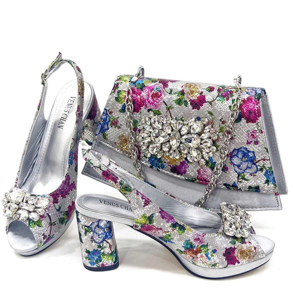 Italian Sandals and Bags Matching Set 2024 Women Heel Party for Gold Colour Wedding Bigger Size Thick Heel Shoes