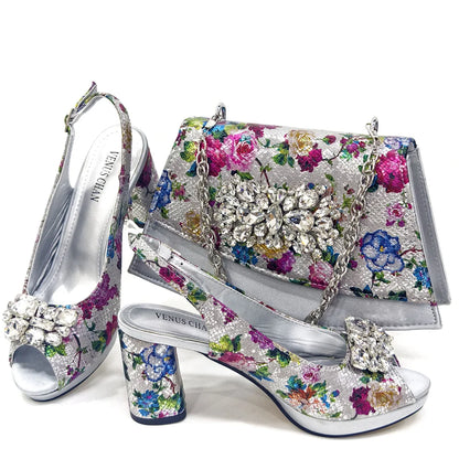 Italian Sandals and Bags Matching Set 2024 Women Heel Party for Gold Colour Wedding Bigger Size Thick Heel Shoes