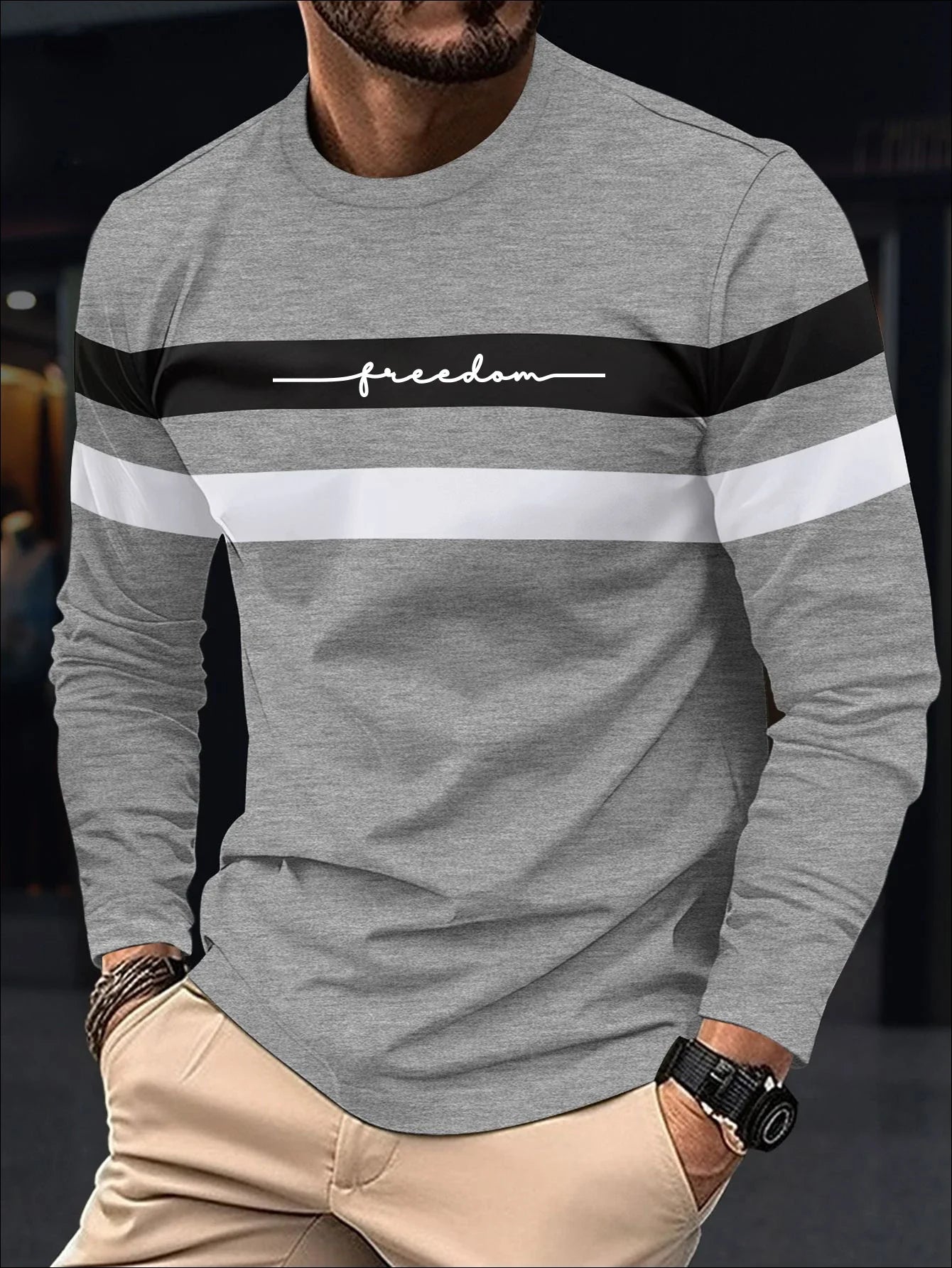 2026 Autumn Men's T-Shirt Clothing Fashion Oversized Crew Neck Long Sleeve T-Shirt Top Simple Casual Stripe T-Shirts For Men