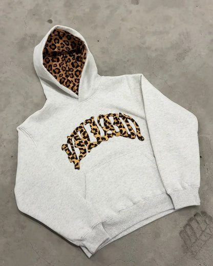 new fashionable leopard print letter embroidery street casual pants men's and women's versatile hooded sweatshirt pants set Y2K
