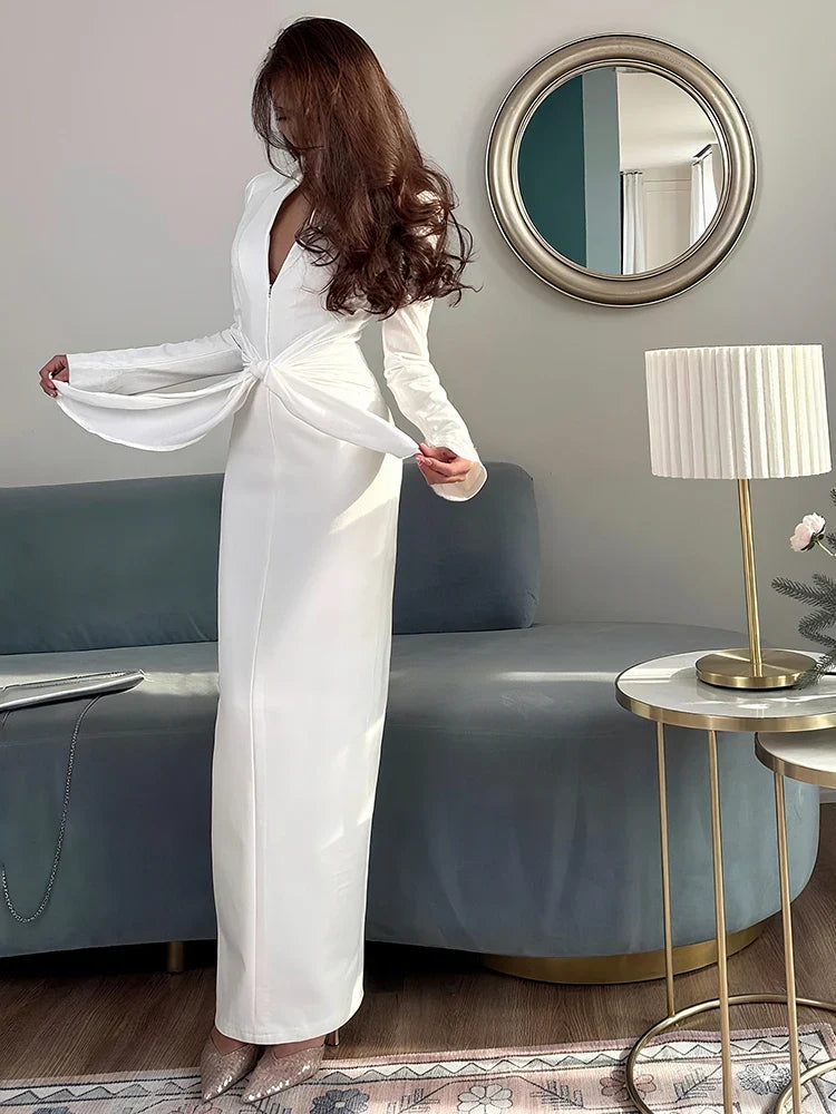 Sexy Maxi Dress Women Shoulder Padded Zip Wrapped Bandage Long Sleeve Slit Elegant Solid Office Simple Skinny Bodycon