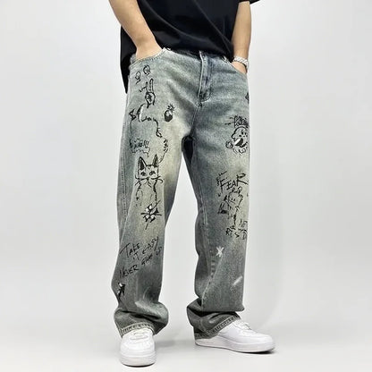 Korean Retro Ripped Jeans Embroidered Slim Fit Men'S Straight Leg Pants Graffiti Jeans Fashion Casual Pants
