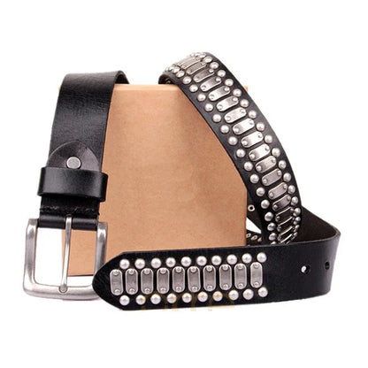 3.8CM Real Genuine Leather Belt Metal Pin Buckle Men Belt Male Wide Cowhide Hiphop Rock Rivet Belts for Men Ceinture Black