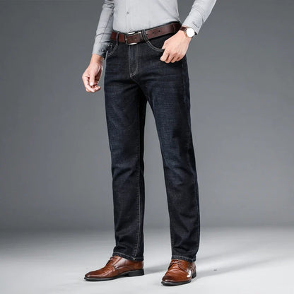2024 autumn spring fitted straight stretch denim jeans classic style badge youth men's business casual jeans trousers