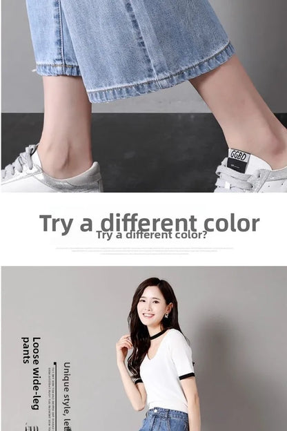 High Waist Straight Leg Jeans Women's Summer Thin Wide Leg Pants Loose Fit 9-Piece Blue Cotton Stretch Denim Small Size