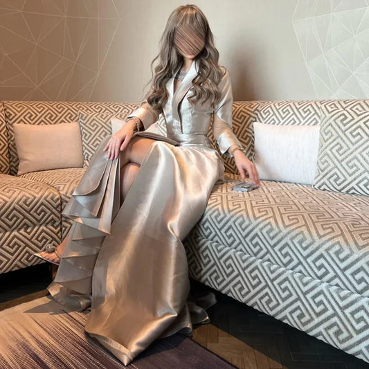 Customized Long Sleeve Evening Dresses V Neck A-line Solid Color High Slit Prom Gown Vintage Celebrity Banquet Party Dress Women
