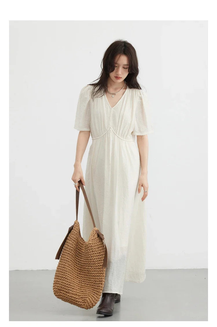 Women Dresses French Style Vintage V-neck Puff Sleeve Long Dress Solid Black Loose Female Clothing Summer New 2023