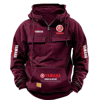 2026 New YAMAHA logo  Motorcycle Racing Race Retro Velvet Half Zipper Hoodie Men's Multi Pocket Autumn/Winter Casual Sweatshirt