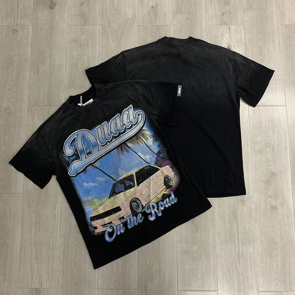 Car Letter Rhinestone Washed Cotton Short Sleeve Tshirts for Men and Women Harajuku Hip Hop Loose Shinning Diamond Tees Oversize