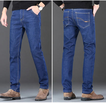 Men New Winter Classics Fleece Thick Warm Jeans Men's Loose Straight Elastic Denim Pants Casual Plush Trousers Large Size 28-40